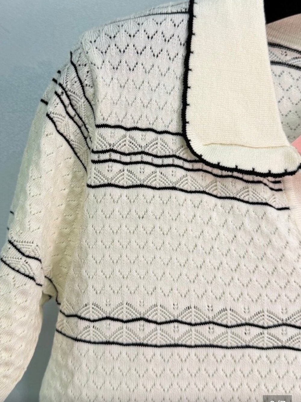 Miu Miu Cream Short Sleeve Knit Polo with Black Trim and Red Logo - Picture 3 of 6